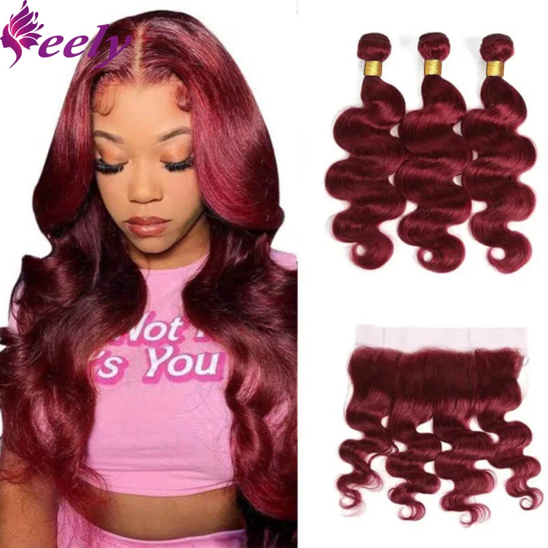 

Hair Bundles Brazilian Real Human Hair Body Wave Bundles Red Human Hair With Closure #99J Extensions 28 Inch 13x4 Lace Frontal