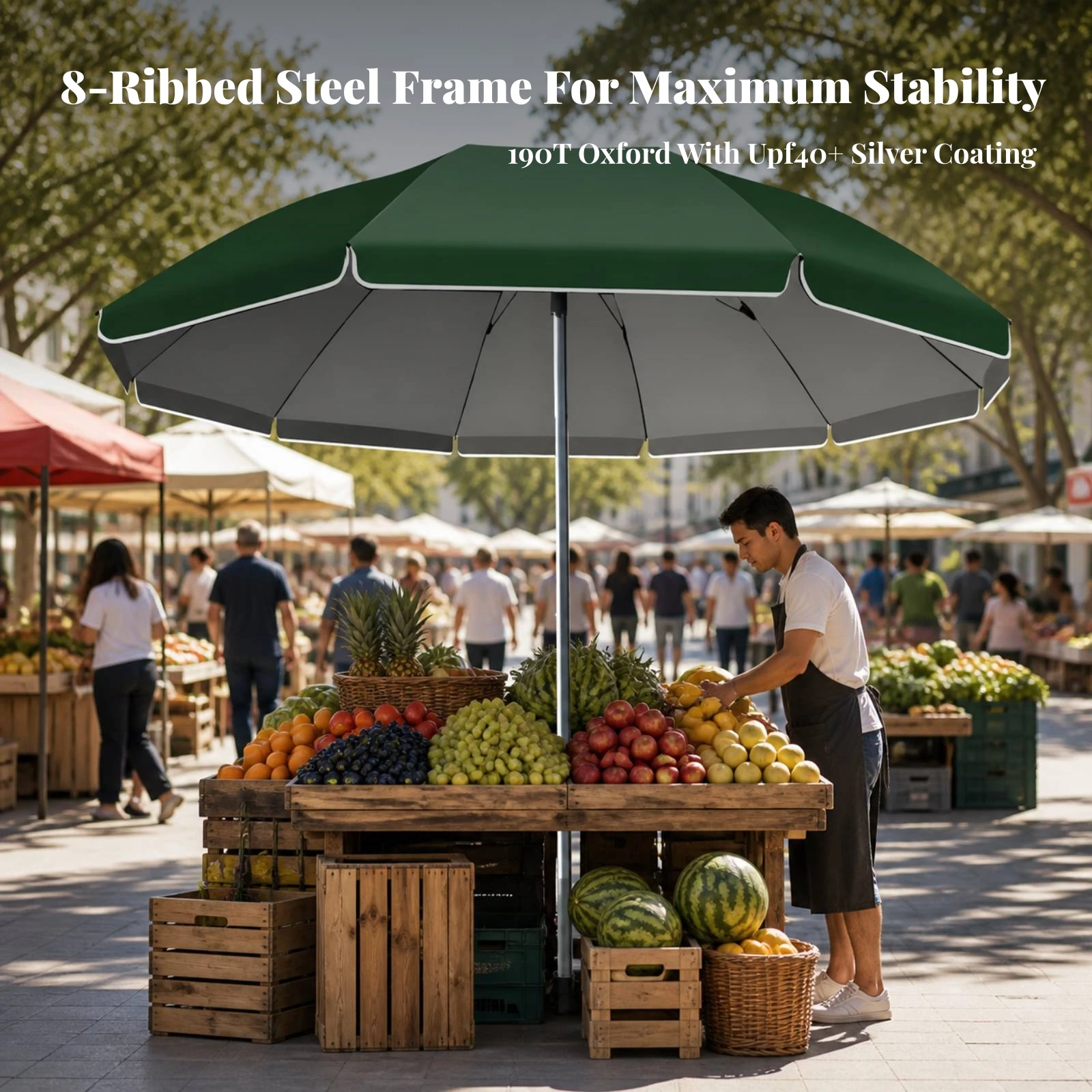Market-Stall Umbrella Waterproof Sun Umbrella with Silver Coating Sunshade Weather-Resistant UPF 50+ for Vendors, Beach