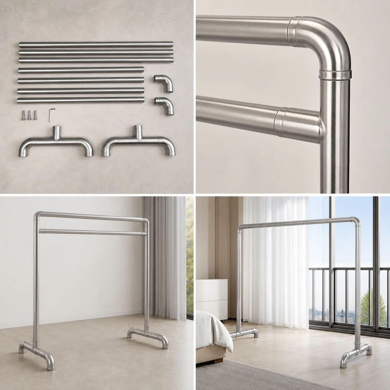 Thickened Double Rod Clothesline Stand Indoor Outdoor Balcony Free Standing Iron Tube Clothes Drying Rack Simple Design