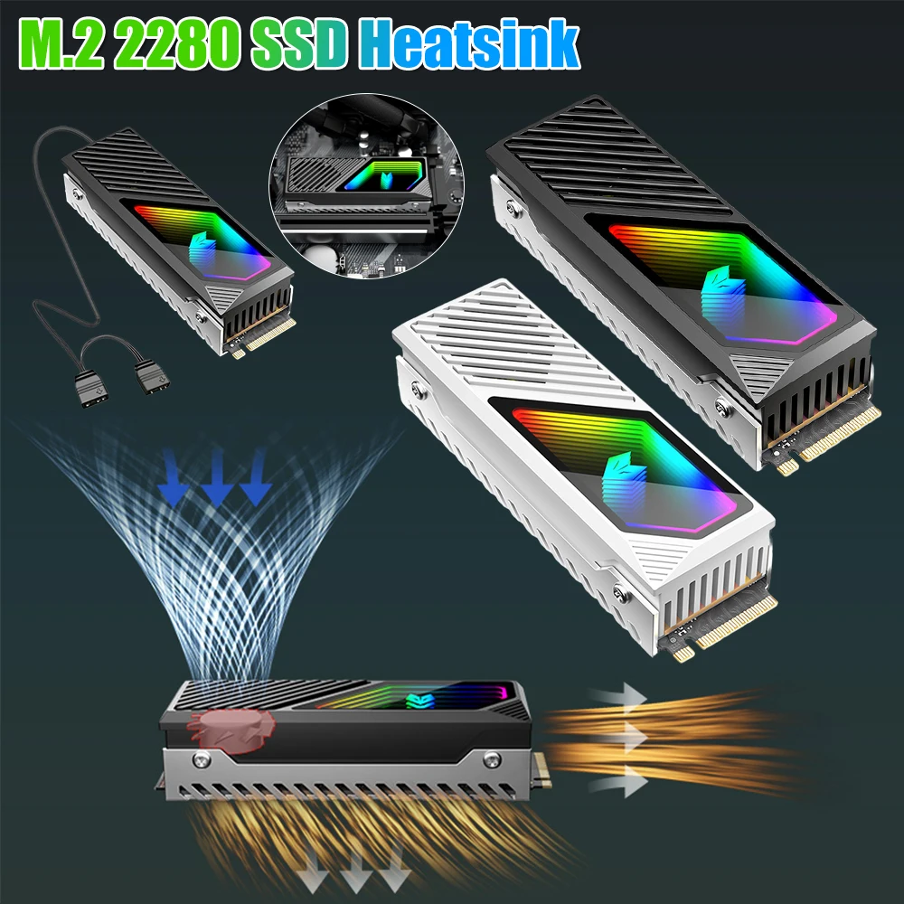

5 В 3-контактный радиатор M.2 2280 SSD, радиатор ARGB из алюминиевого сплава, встроенный охлаждающий вентилятор, радиатор жесткого диска M.2, радиатор-кулер