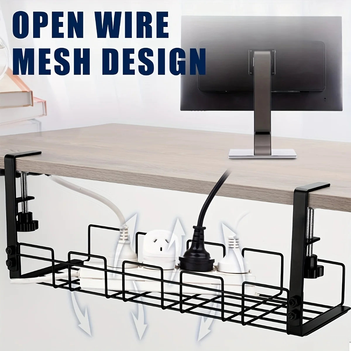 1 Piece of Desk Storage Rack with Non Perforated Wire Insertion, Computer Desk Wire Management Basket, Home and Office Supplies