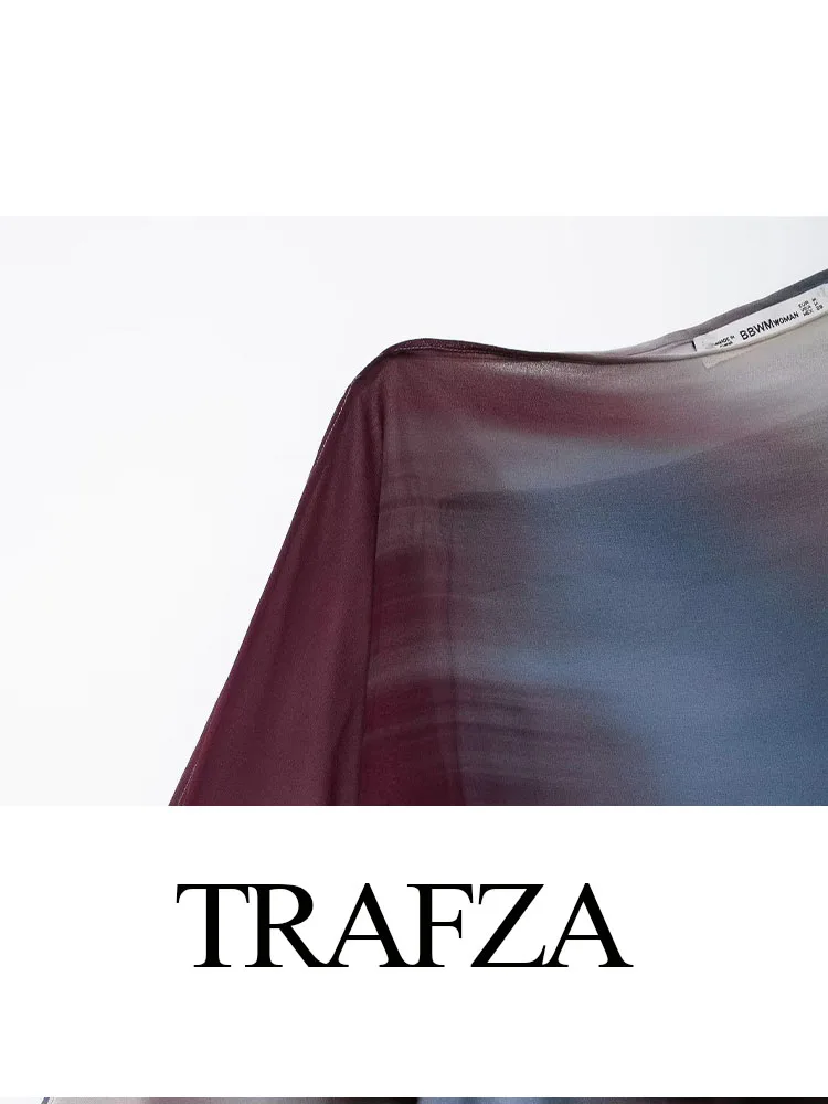 TRAFZA-Vestido Manga Longa com Textura de Seda Feminino, Elegante Pescoço Solto, Vestidos Decoração em Camadas