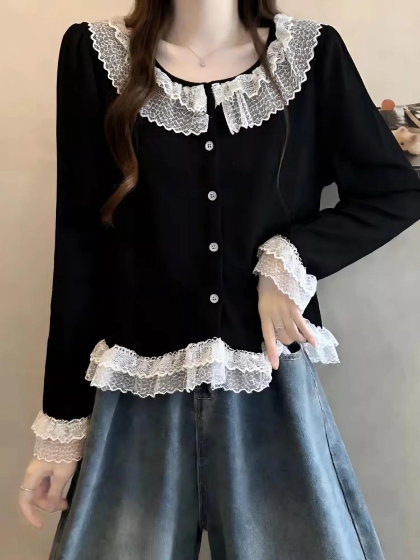 

Bla Lace Trim Long Sve irt Women's Beautiful Spring Early plus Size Fat MM Slimming Younger Pret Small Top