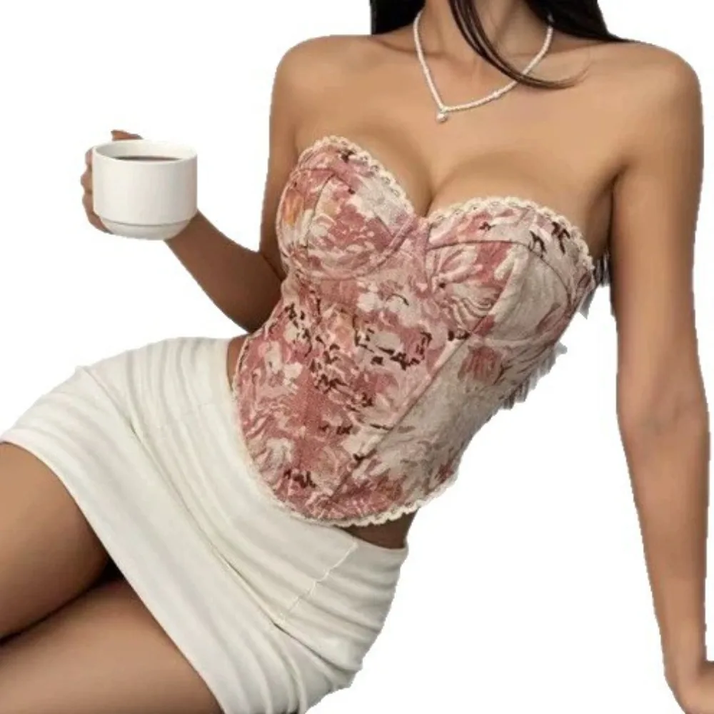 

Multi Colors Flower Printed Corset for Ladies Streetwear Retro Style Chest Wrap Lace-up French Style Fishbone Corset Femme