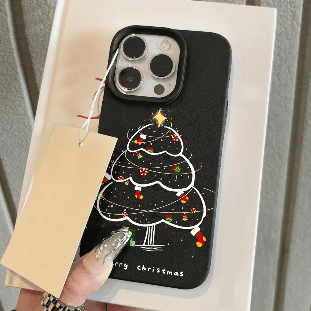 Christmas Tree Leather Painted Phone Case For iPhone 14 13 12 Cover 16 15 Pro 13 Pro Max 15 14 Plus Sockproof Soft Protective