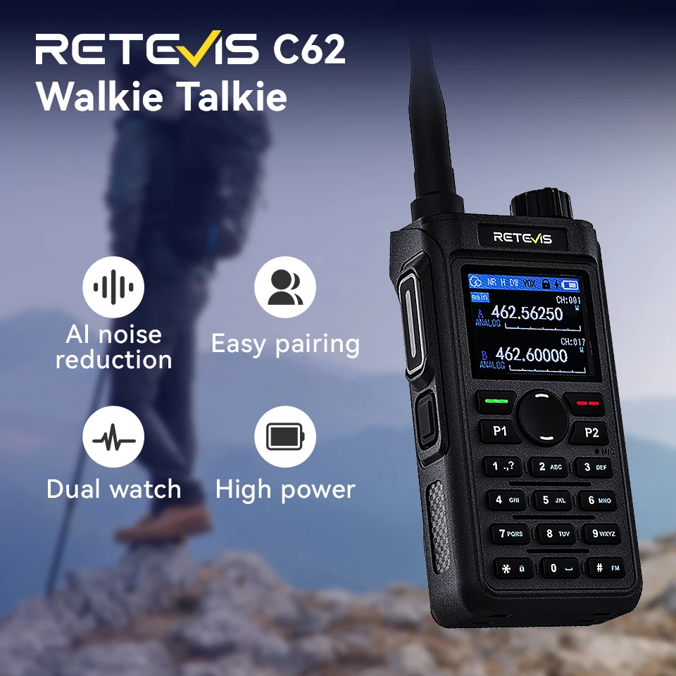 Retevis C62 Professional Walkie Talkie 5W Long Range Ham Two-Way Radio for Camping VHF/UHF Dual Mode Communication