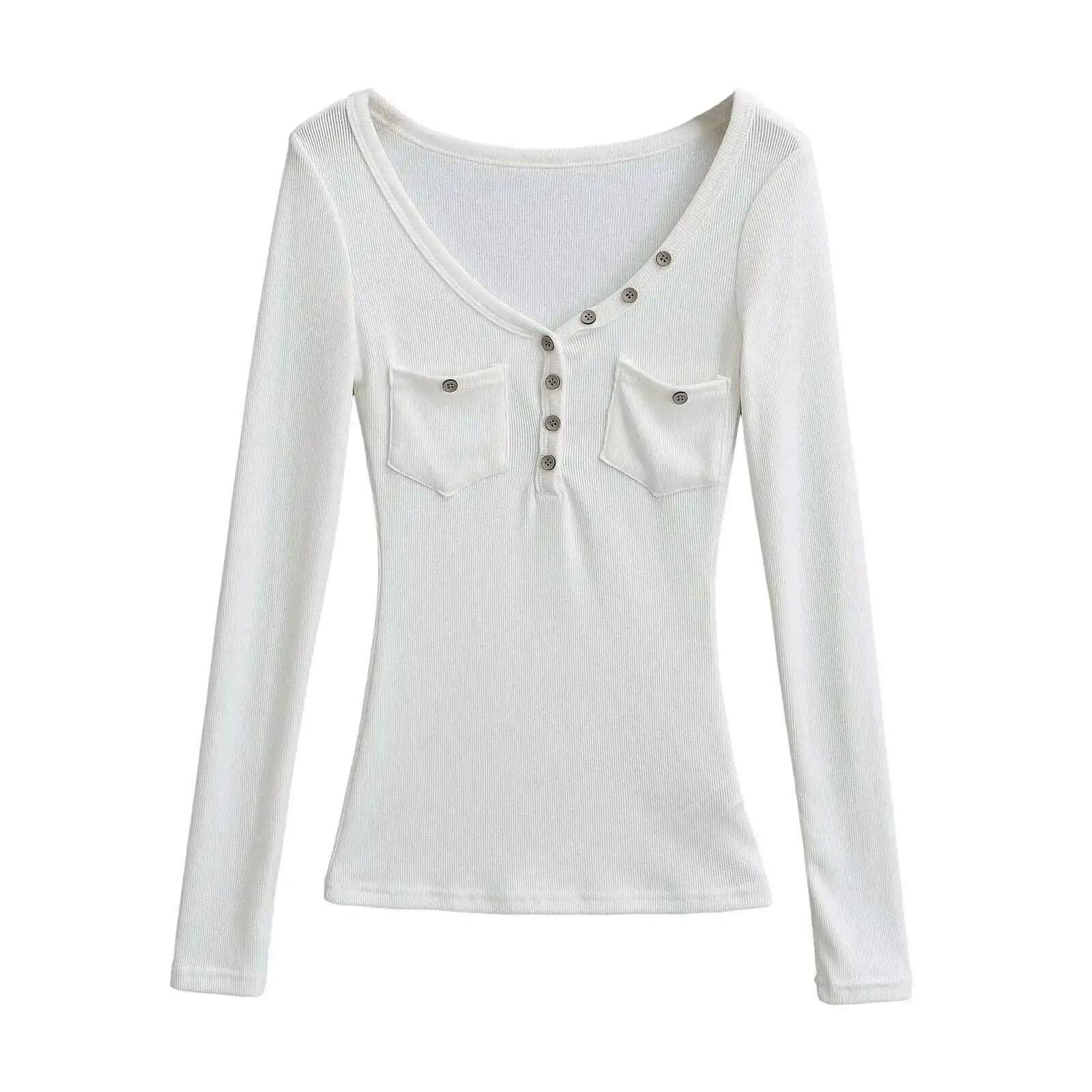 Autunno piccante ragazza sexy scollo a V doppia tasca monopetto manica lunga pullover donna vita stretta solido top sottile CUOC