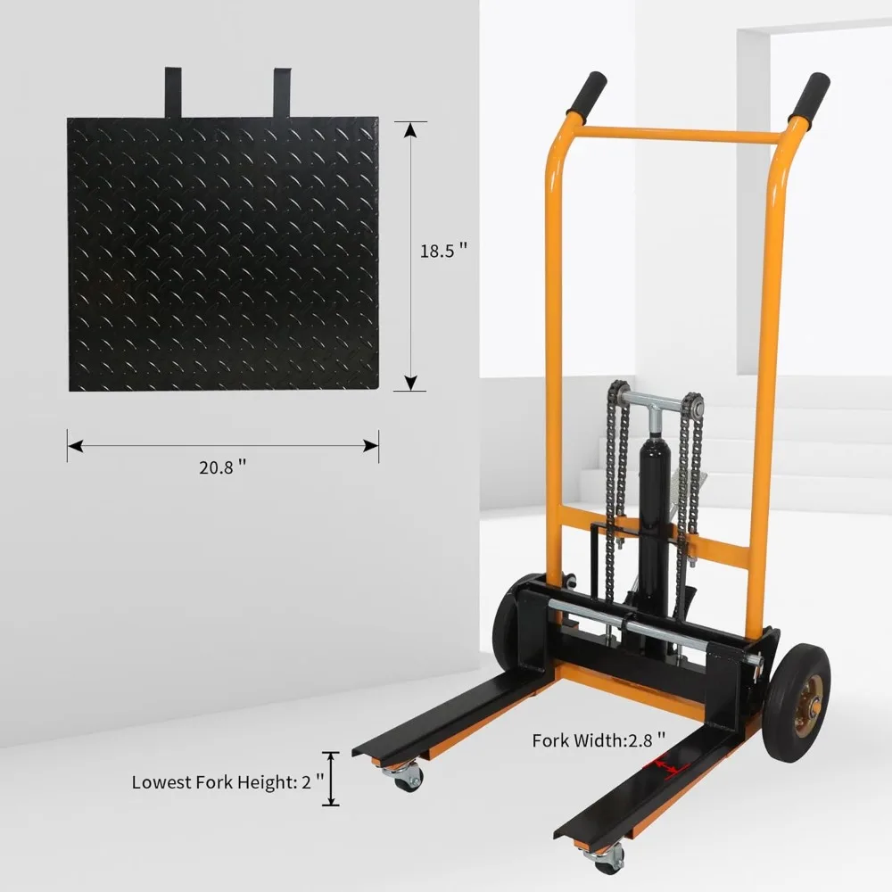 مكدس ونش من المواد الهيدروليكية، شاحنة مقبس البليت دوللي، سعة 440 رطلاً، ارتفاع الرفع 35.4 بوصة، طول الشوكة 18.1 بوصة
