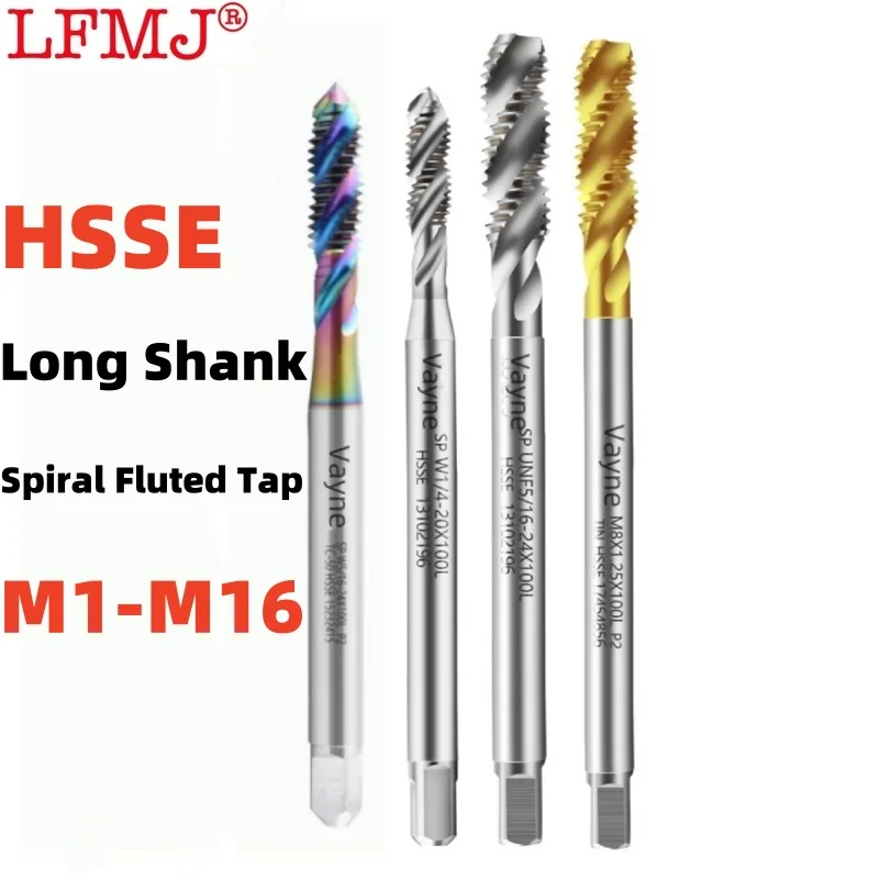 1PCS HSSE Long Shank 80MM 100MM 120MM 150MM Metric Spiral Fluted Tap M1M2M2.5M3M3.5M4M5M6M8M10M12M14M16Fine Machine Thread Taps