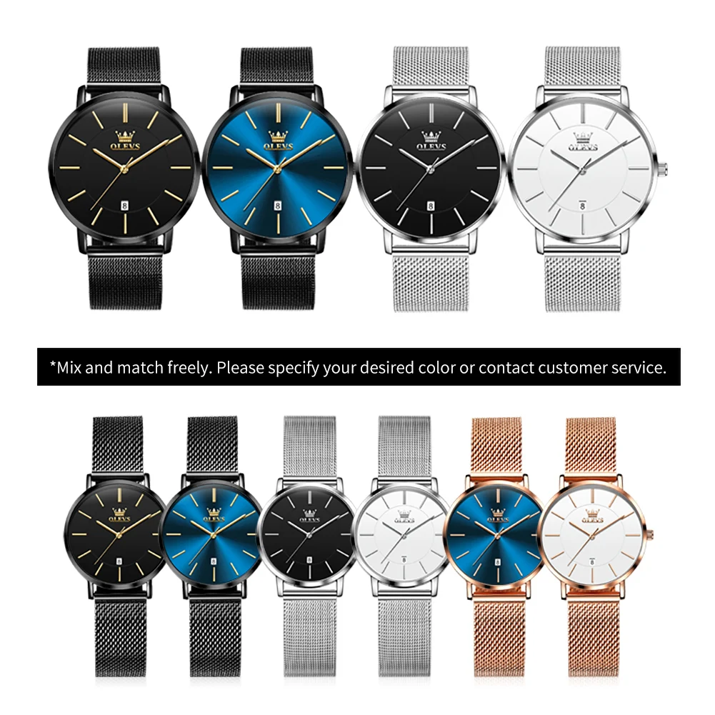 Olevs marca nova moda ultra-fino quartzo casal relógios pulseira de malha de aço inoxidável data automática relógio à prova dwaterproof água para homens