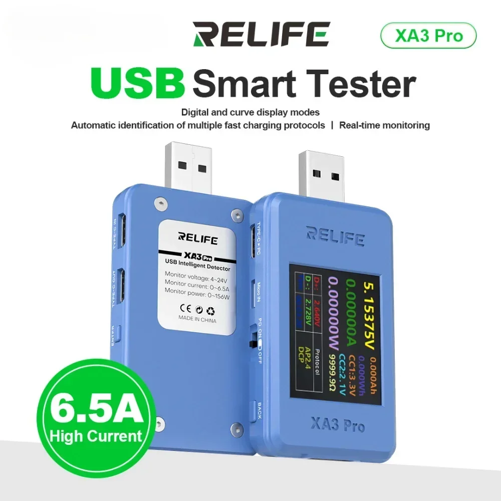 

Умный USB-тестер RELIFE XA3 Pro с поддержкой PD/QC2.0/QC3.0, быстрой зарядки, 6,5 А, сильноточный тестер, используемый для ремонта мобильных телефонов