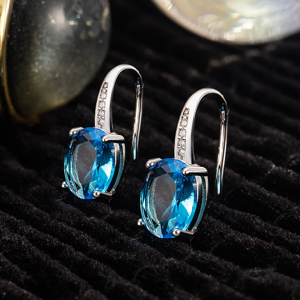 Oval Cut Natural Blue Topaz Dangle Drop Earrings 925 Sterling Silver for Women Fashion Gemstone Fine Jewelry Boucle d'oreille