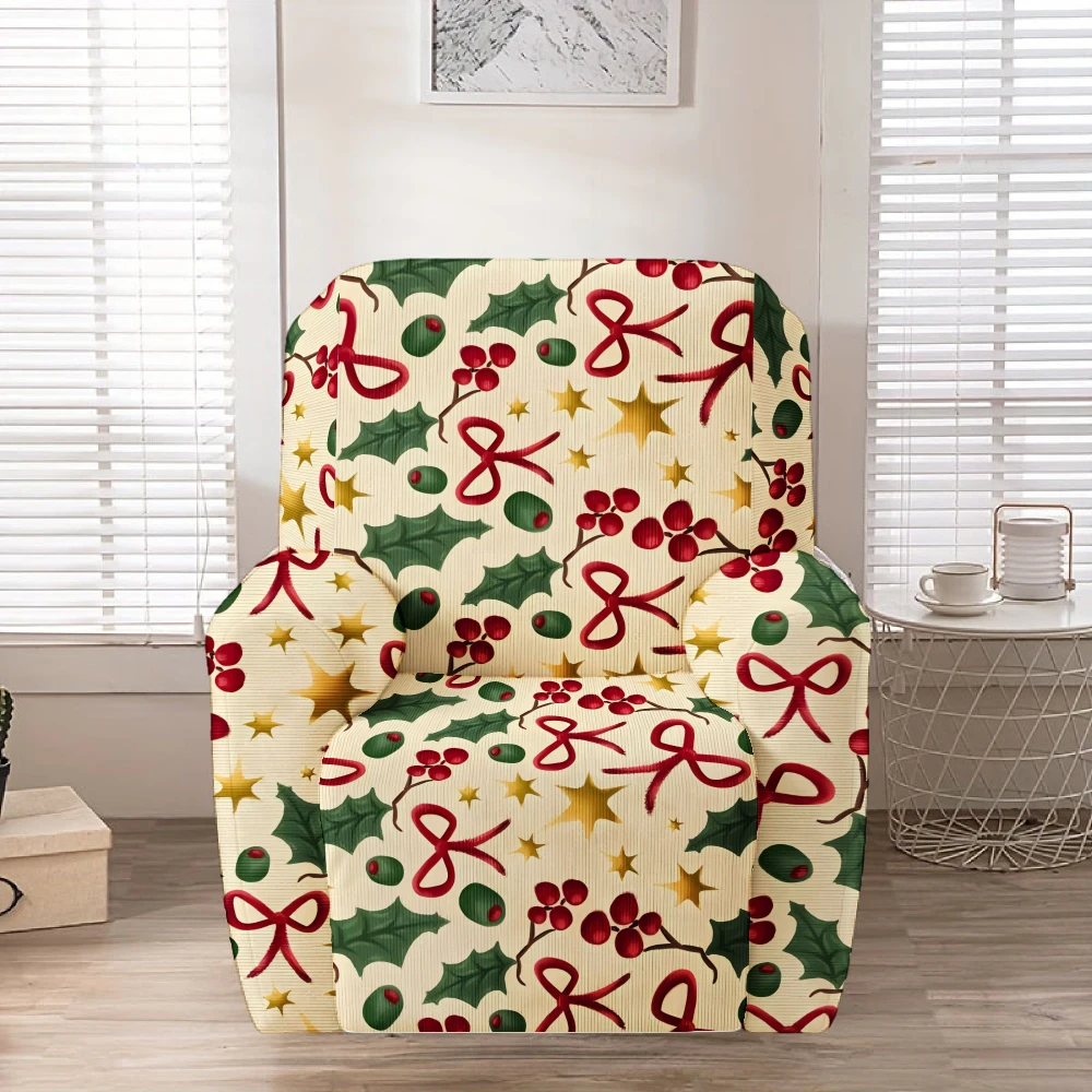 Cream Holly Red Bow Star Recliner Chair Cover Stretch Spandex Recliner Slipcover Christmas Living Room Decor