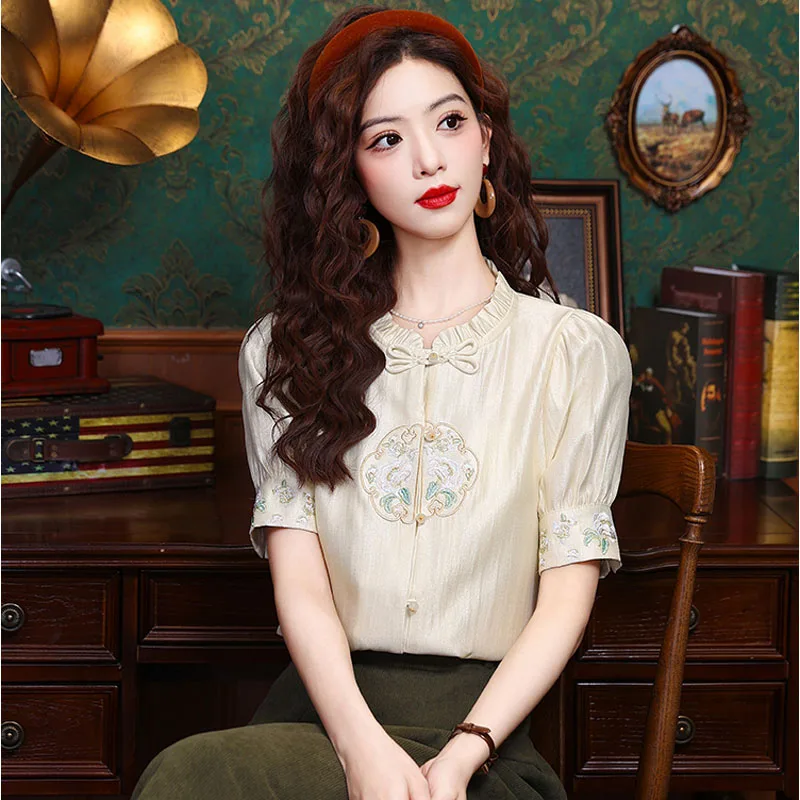 Summer Short Sleeve Stand Collar Women Shirt Embroidery Chiffon Shirt Blouse Women Tops Blusas Mujer De Moda 2024 Verano K116