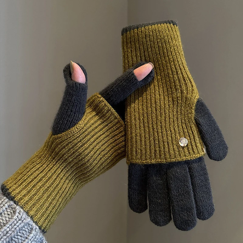 Winter Women's Exposed Finger Touch Screen Warm Long Short Dual-Use Cycling Student Color Blocked Knitted Yarn Gloves