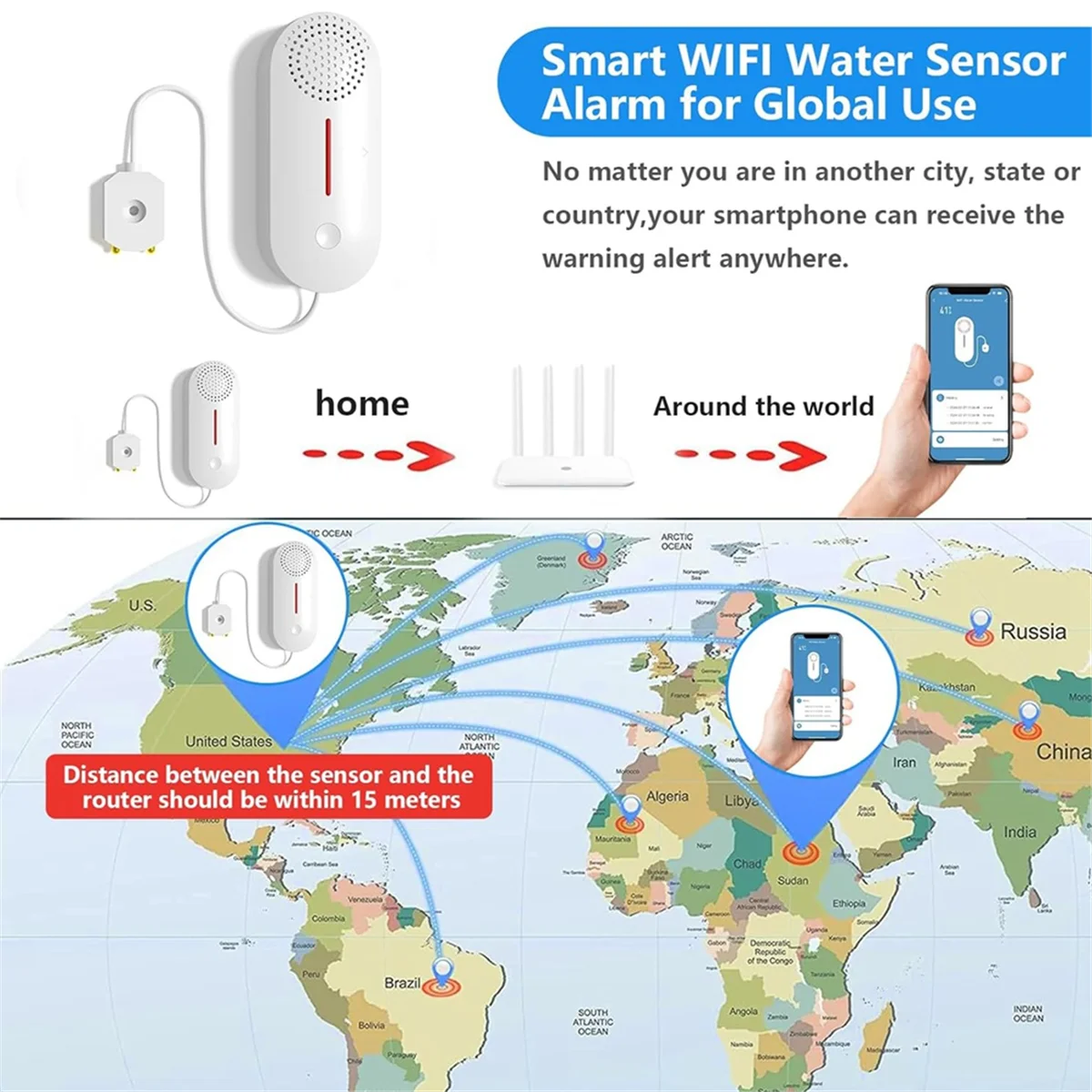 AT42 Water Alarm Leak Detector,Wireless Tank Level Monitor with 100db Sound Light Alarm,App Alert & Monitor-Water Leak Sensor