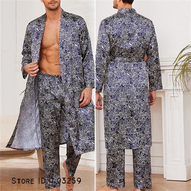 Long Sleeve Men's Robe 2PCS Pajamas Set  Spring Autumn Print Kimono Bathrobe Gown Trouser Suits Casual Satin Homewear Loungewear