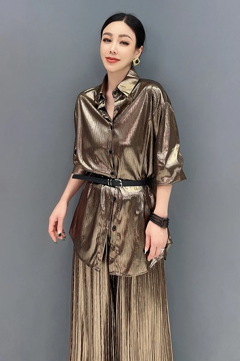 Vefadisa 2024 Summer New Purple Gold Women Sets Glossy Pleated Long Shirt With Belt Wide Leg Pants Two Piece Sets Fashion HLX351