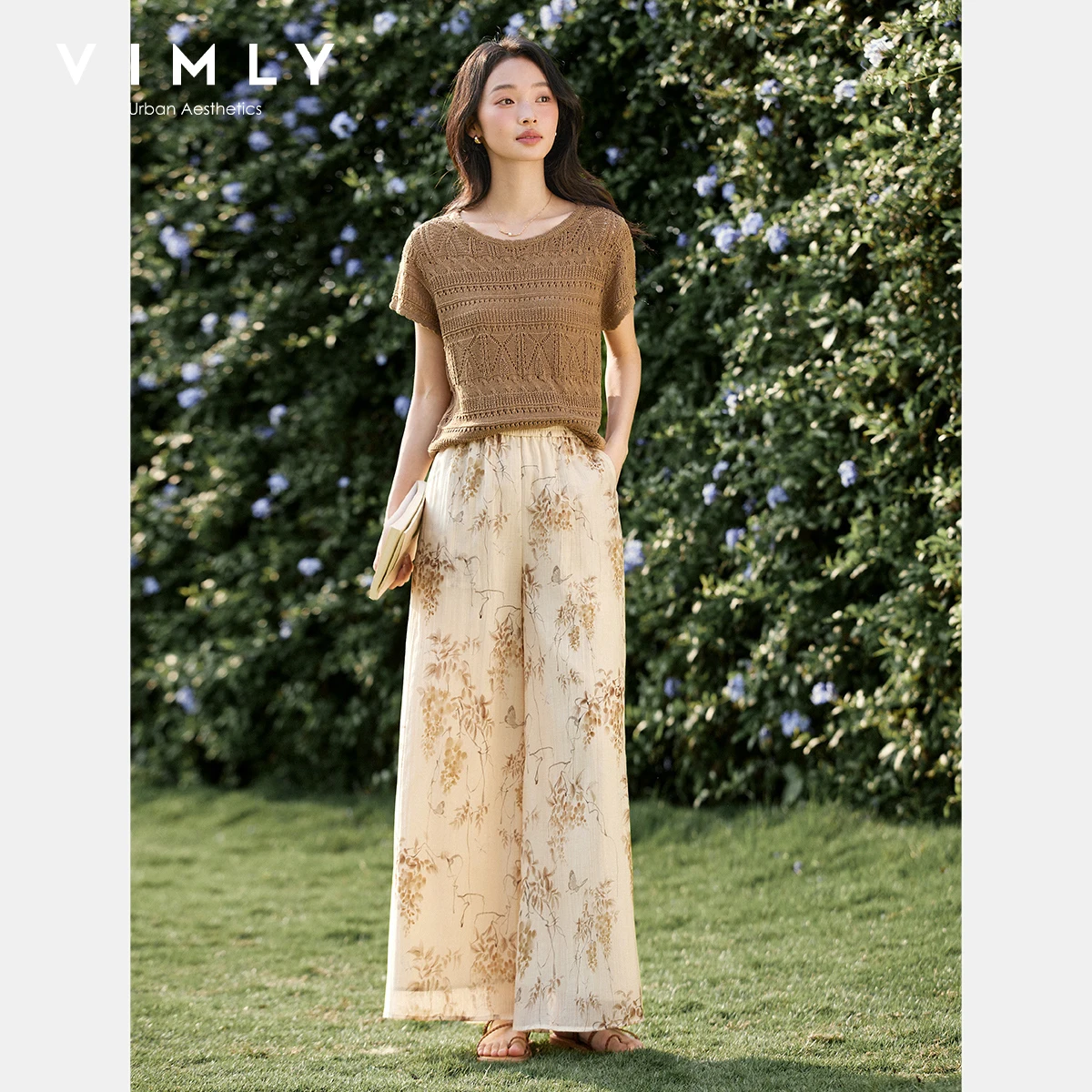 

VIMLY Bohemian Suit Summer Women's 2025 Pant Sets Howllow Out Knitted O-neck Floral Top Wide Legs Pants Two-piece Set A1752
