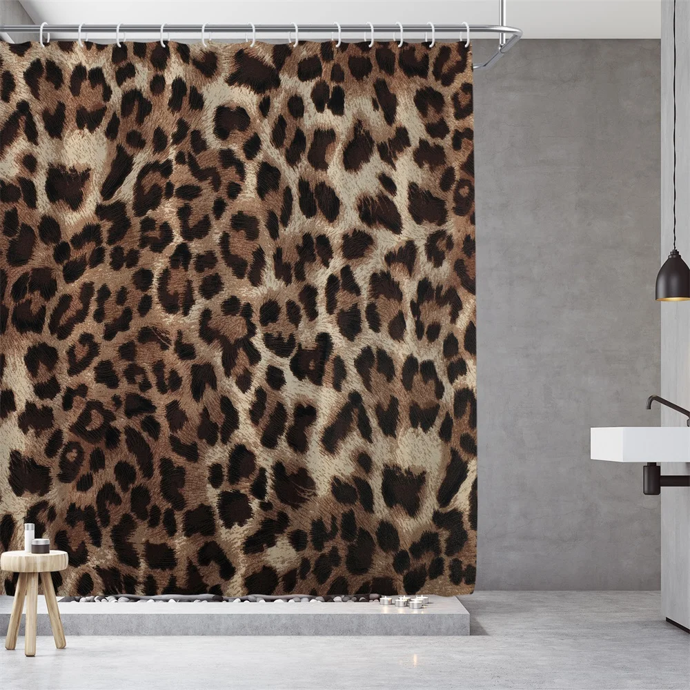 1PC, fine leopard print, modern home bathroom waterproof shower curtain with 12 plastic hooks, 71in*71in