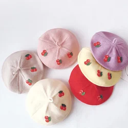 Strawberry Embroidery Sticker Knitted Beret Girls Hair Accessories Korea Painter Berets for Kids Cute Bonnet for Baby Children