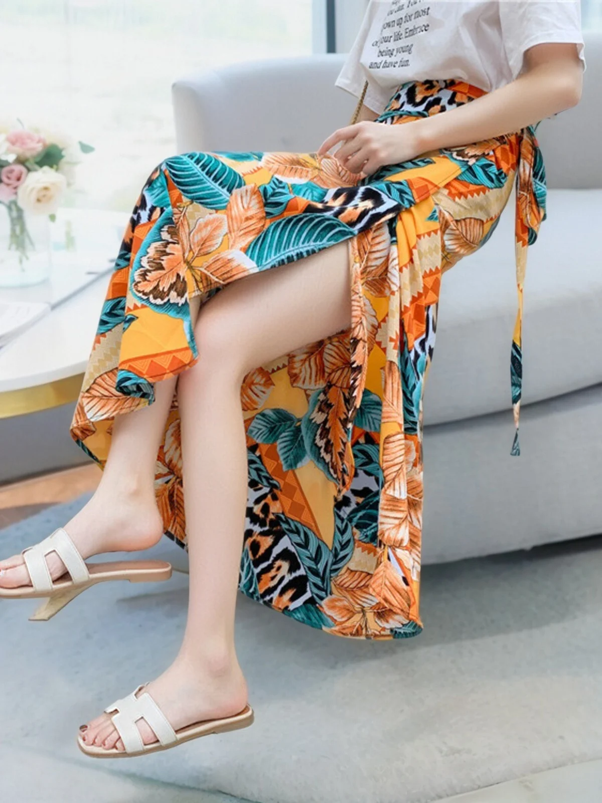 Floral Print Maxi Skirt Women's Summer 2026 Bohemian Wrap around High Waist Half Body Sun Protection Skirt