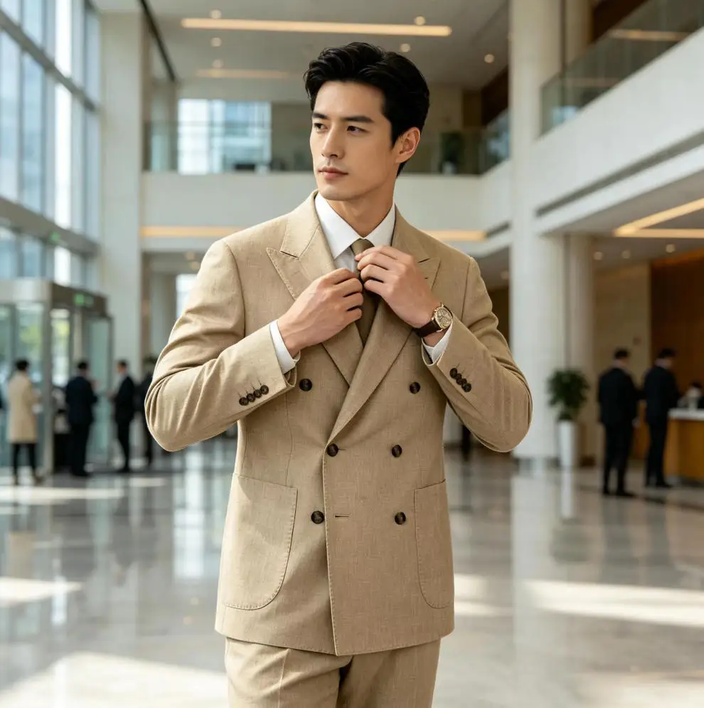 Only Men's Linen Blazer 1PCS Double Breasted With Patch Pockets For Daily Office Peak Lapel Casual Business Suit Jacket Wear