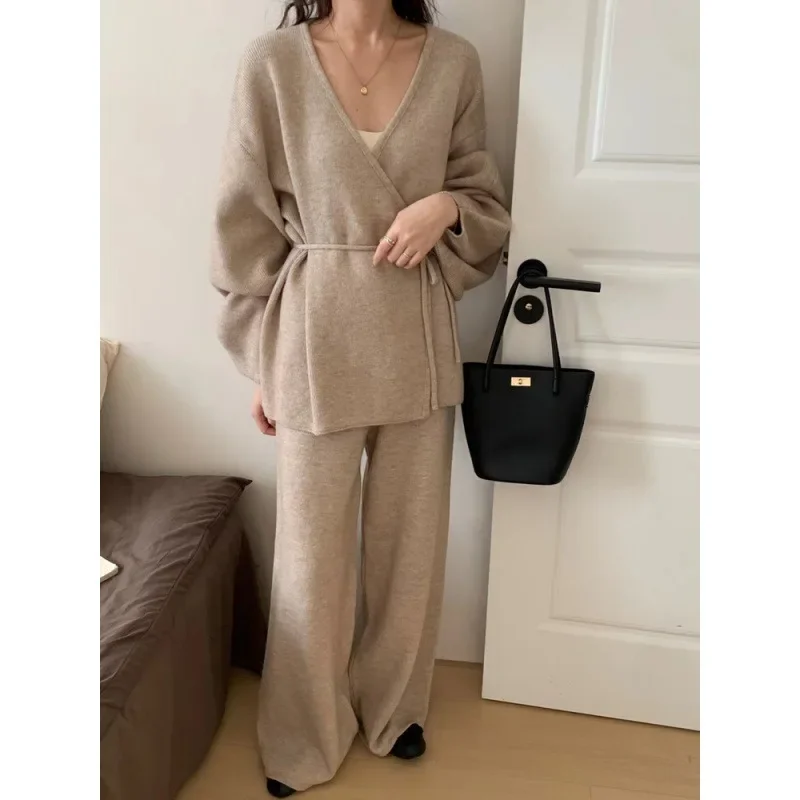 Fashion V-neck Long Sleeve Lace Up Sweater And High Waist Trousers Casual Women Knit Set Clothing 2024 Autumn New