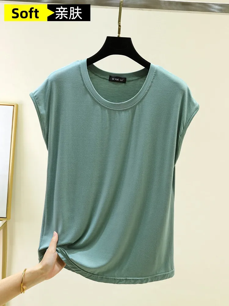 Modal round Neck T-Shirt Women Summer Thin Casual Outerwear Top  Color plus Size Sleeveless Base Shirt July Deer Brand