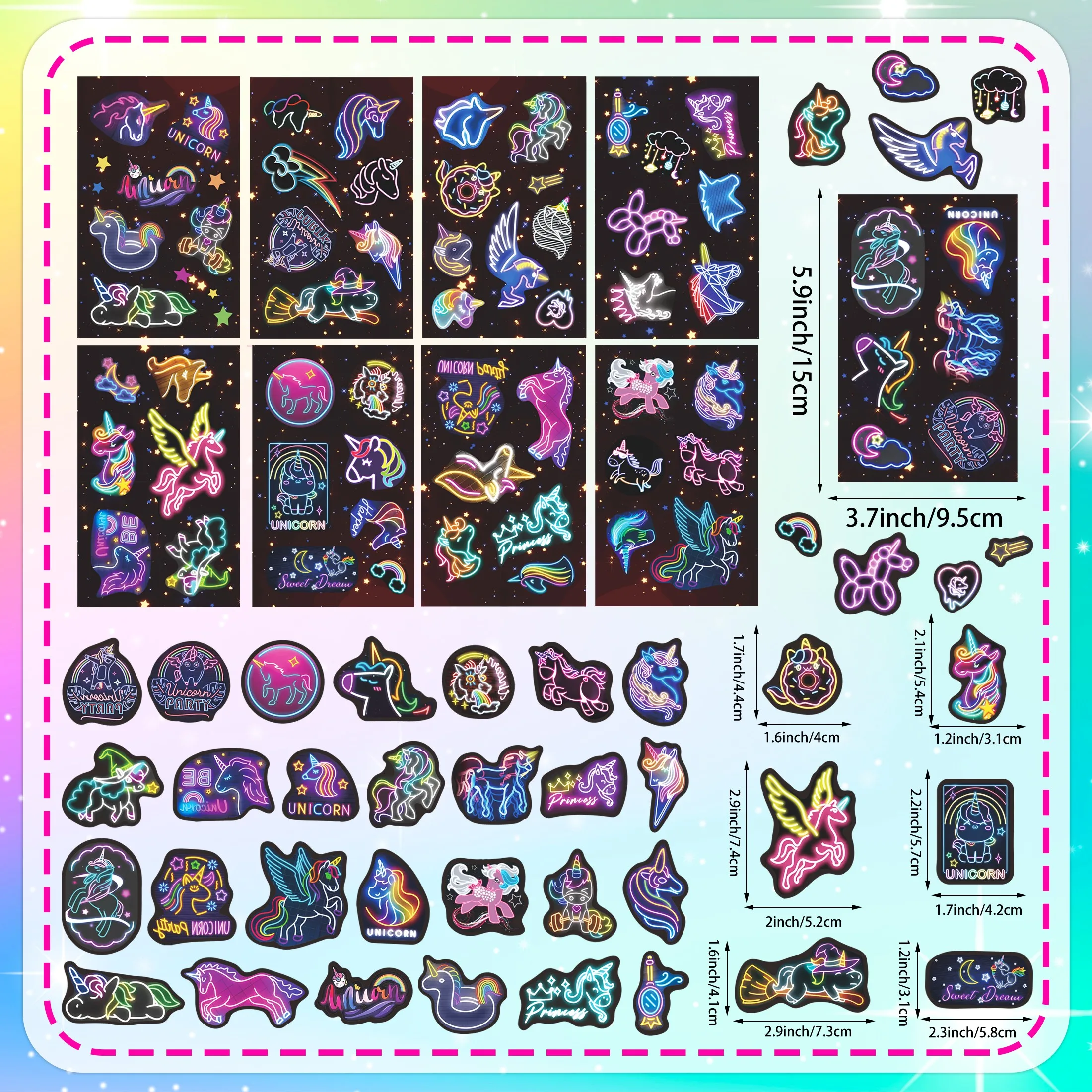 54pcs Glow in the Dark Stickers Neon Unicorn Pattern Luminous Stickers Laptop Water Bottle Waterproof Sticker Party Decoration