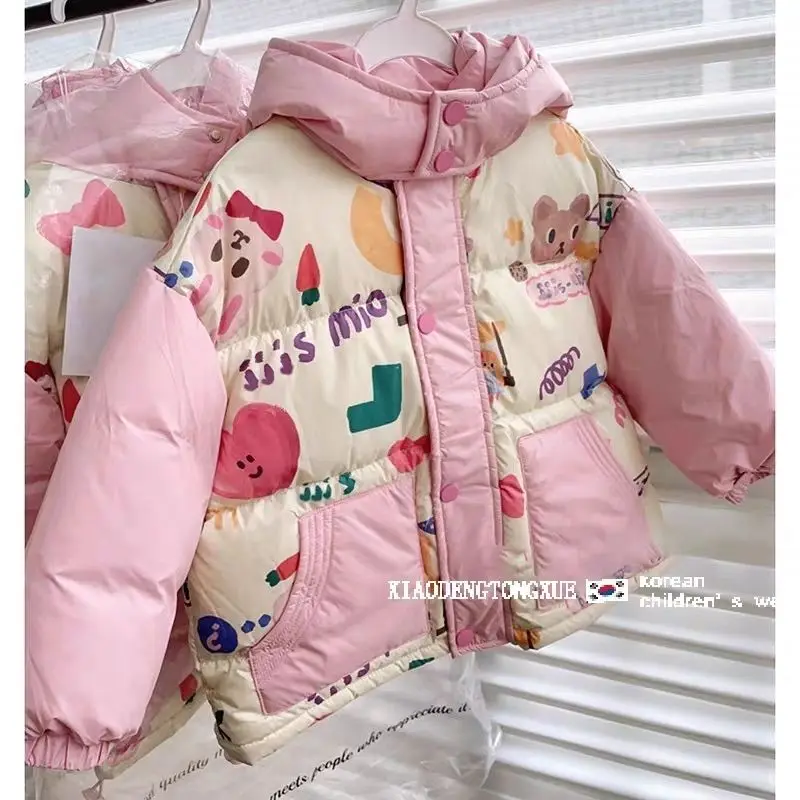 Winter Baby Girl Outerwear Coat Waterproof cloth Velvet Warm Kid Snowwear Jacket Thicken Cartoon Bear Little Girl Hooded Parka