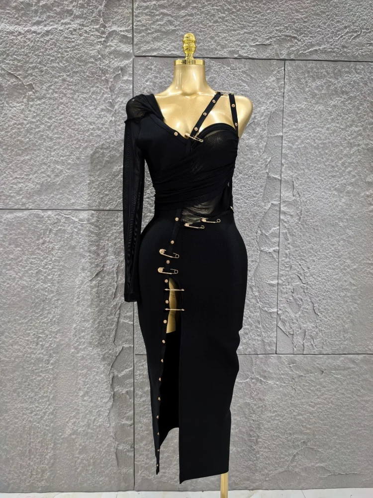 

High Quality Women Sexy One Shoulder Pin Sequined Bodycon Long Bandage Dress Elegant Evening Party Celebrate Birthday Wear