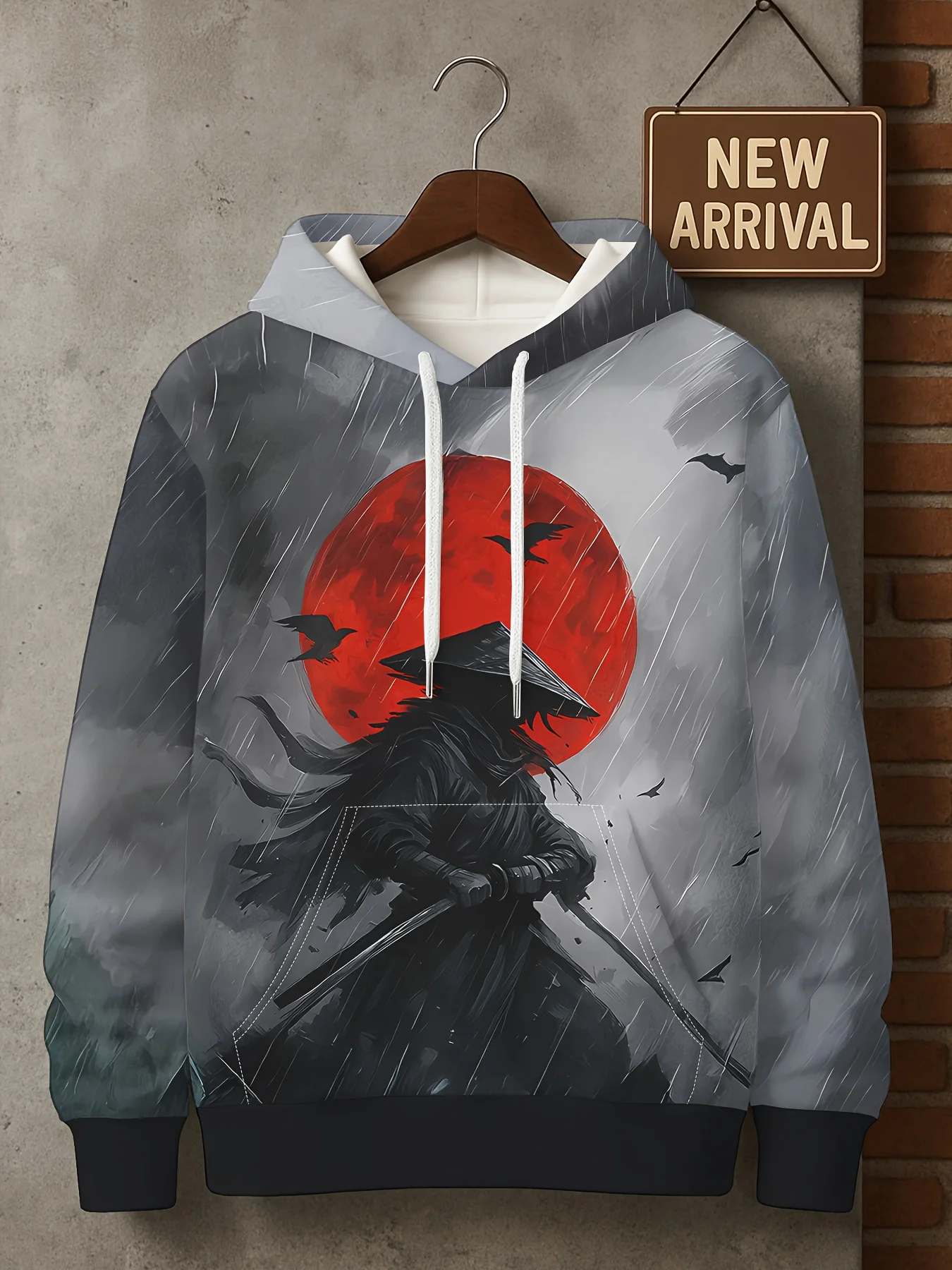 Men Ink Wash Samurai Warrior Red Blood Moon Crow Rain Full Print Drawstring Hoodie With Pocket