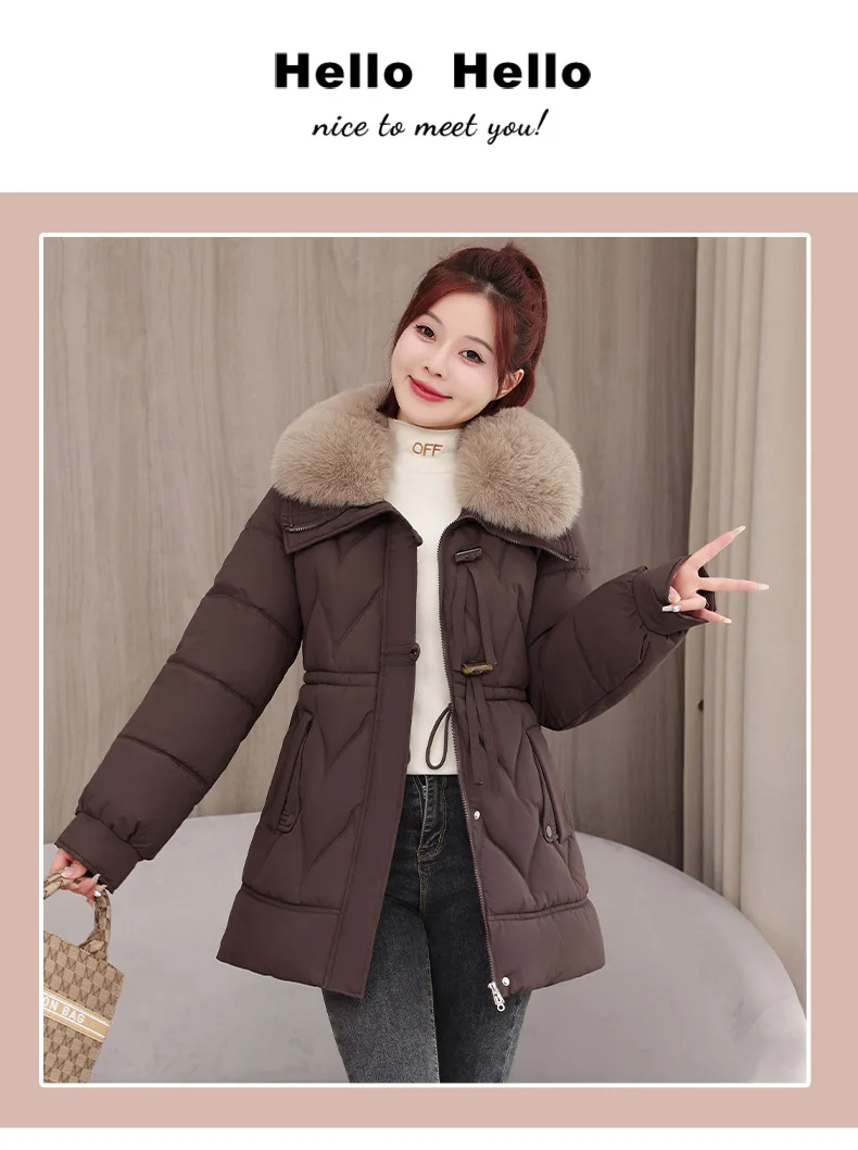 Women Mid Lenth Parkas Coats Oversize Jackets Solid Fur Collar Zipper Drawstring Elastic Loose Casual Elegant Autumn Winter 2025