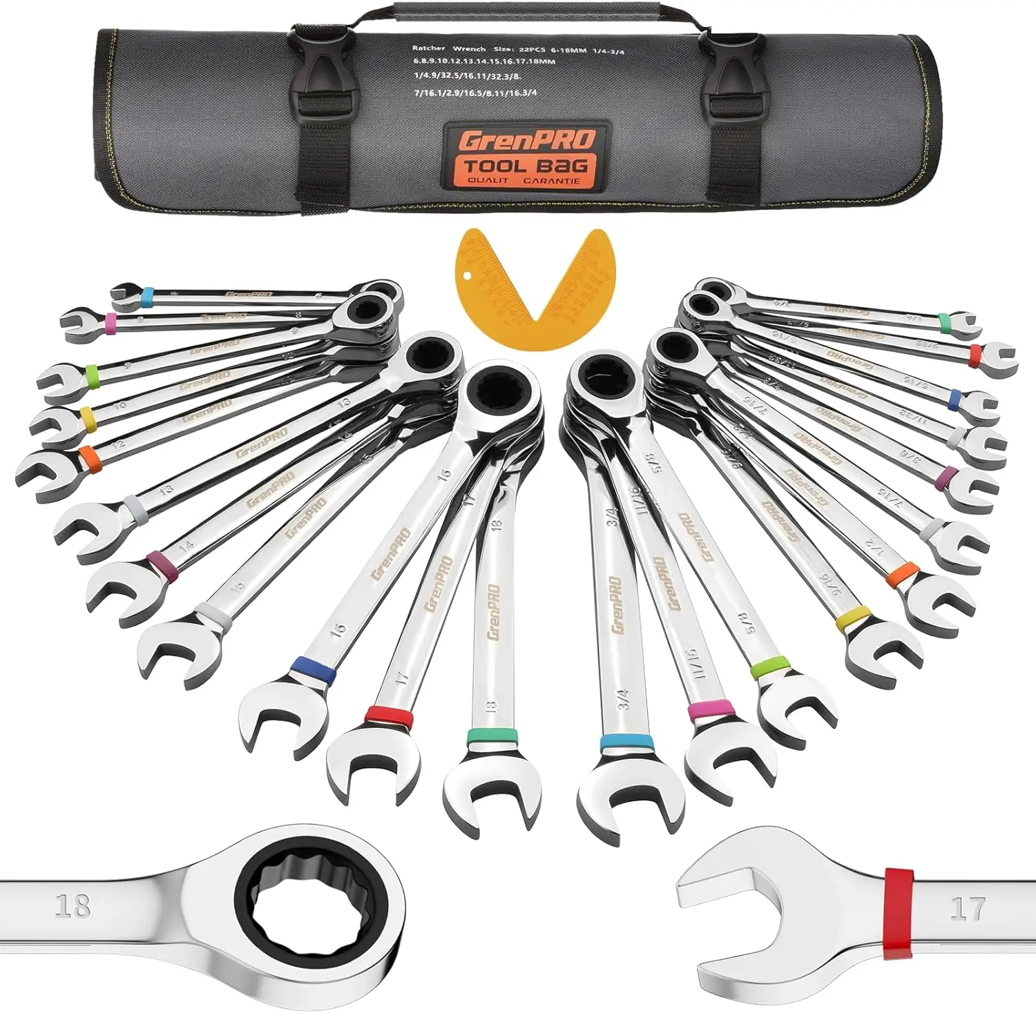 

23PCS Ratcheting Wrench Set, Metric & SAE Sizes 6-18mm & 1/4" to 3/4", Color-Coded Rings, Roll-Up Pouch for Easy Storage