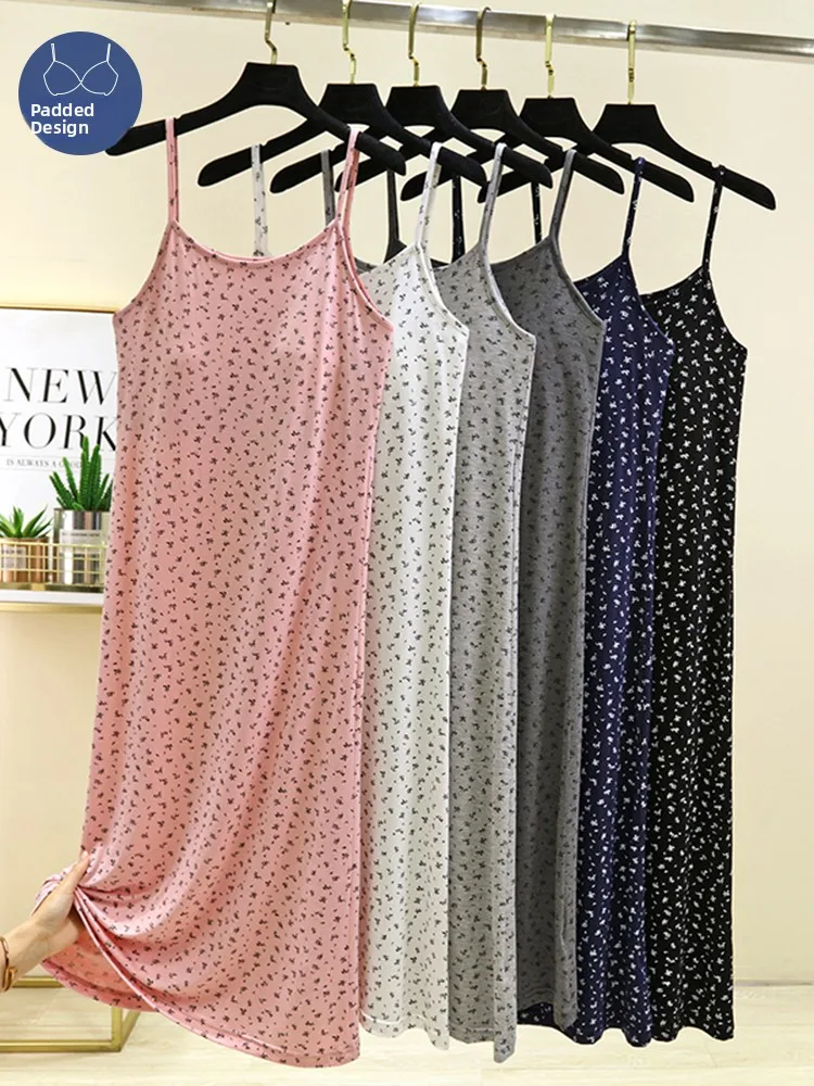 Spódnica midi na ramiączkach z modalu w kwiatowy wzór, damska bielizna, odzież domowa plus size, efekt wyszczuplający, krój A-line, chińska marka.