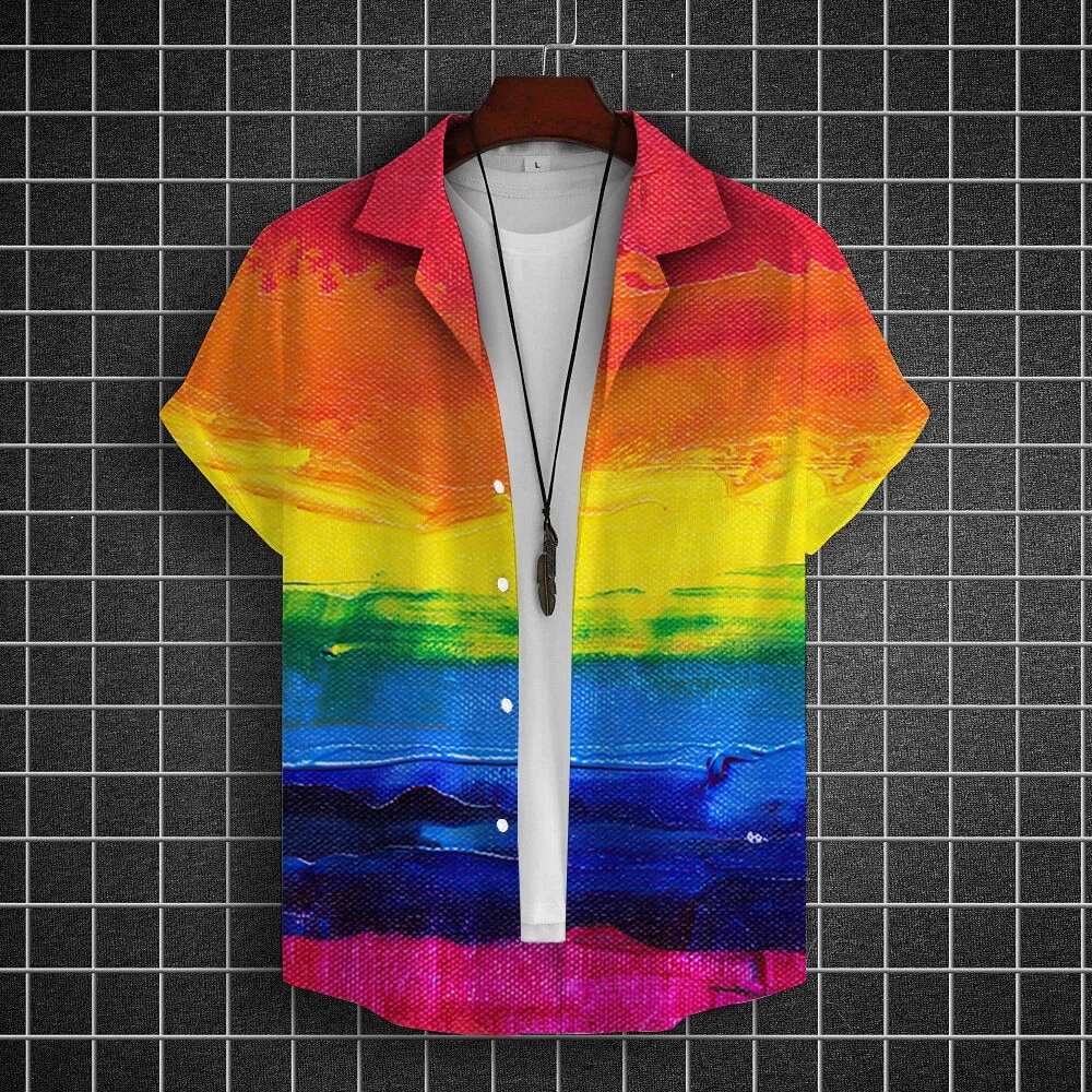Men Summer Lapel Short Sleeve Hawaiian Shirt Casual Versatile Beach Tops, Rainbow Gradient Oil Painting Stripe Print