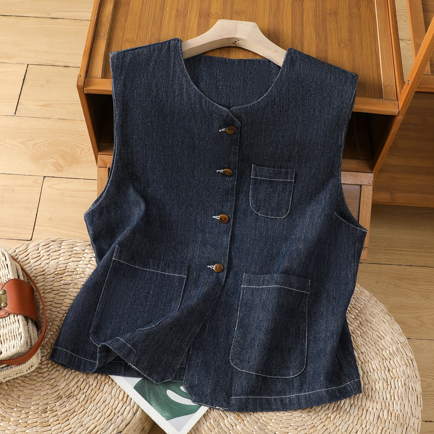 

Women's O-neck Button-Up Denim Vest Spring Summer Sleeveless Jacket Coat Vintage Outwear Cover Ups Top