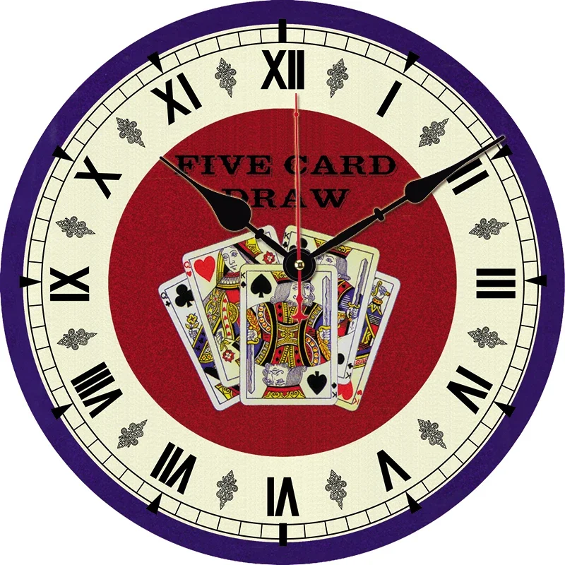 Vintage Playing Card Kitchen Round Wall Clock Large Dinning Restaurant Cafe Decor Wall Clock Silent Non-Ticking Nice For Gift