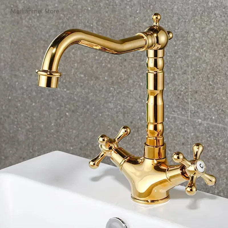 Gold Bathroom Faucet Brass Antique Bathroom Basin Faucet Cold And Hot Water Mixer Sink Tap Double Handle Deck Mounted  Tap