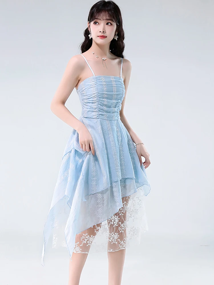 Femmes bleu Jacquard Patchwork dentelle robe à volants été élégant décontracté fronde robe Sexy 2025 coréen moulante Festival robe de soirée