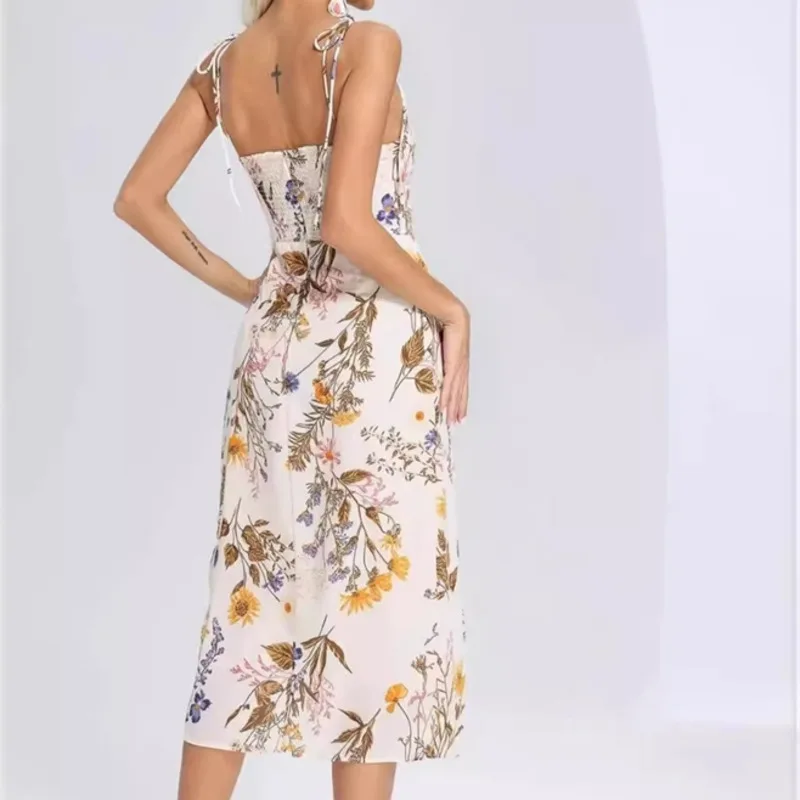 ใหม่ดอกไม้SuspenderแยกSlimแขนกุดPatry Beachสไตล์สปาเก็ตตี้ชุดเสื้อผ้าผู้หญิงภาษาฝรั่งเศสคําElegant Dress 2025