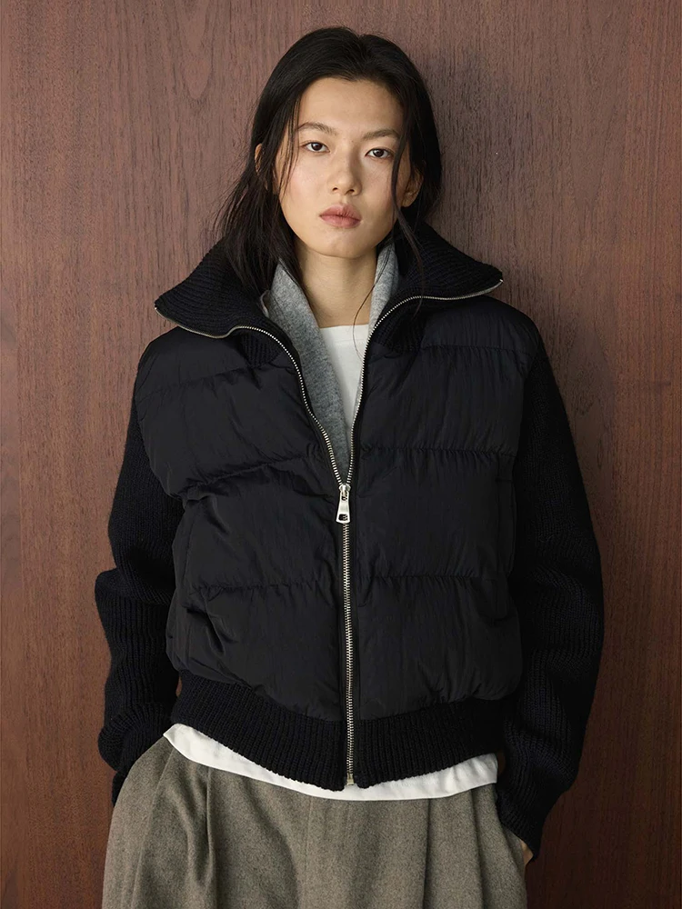 FANAN Modne, dziergane, łączone z bawełną płaszcze damskie z golfem, zapinane na zamek, krótkie okrycia wierzchnie, grube, ciepłe ubrania biurowe na zimę, nowość