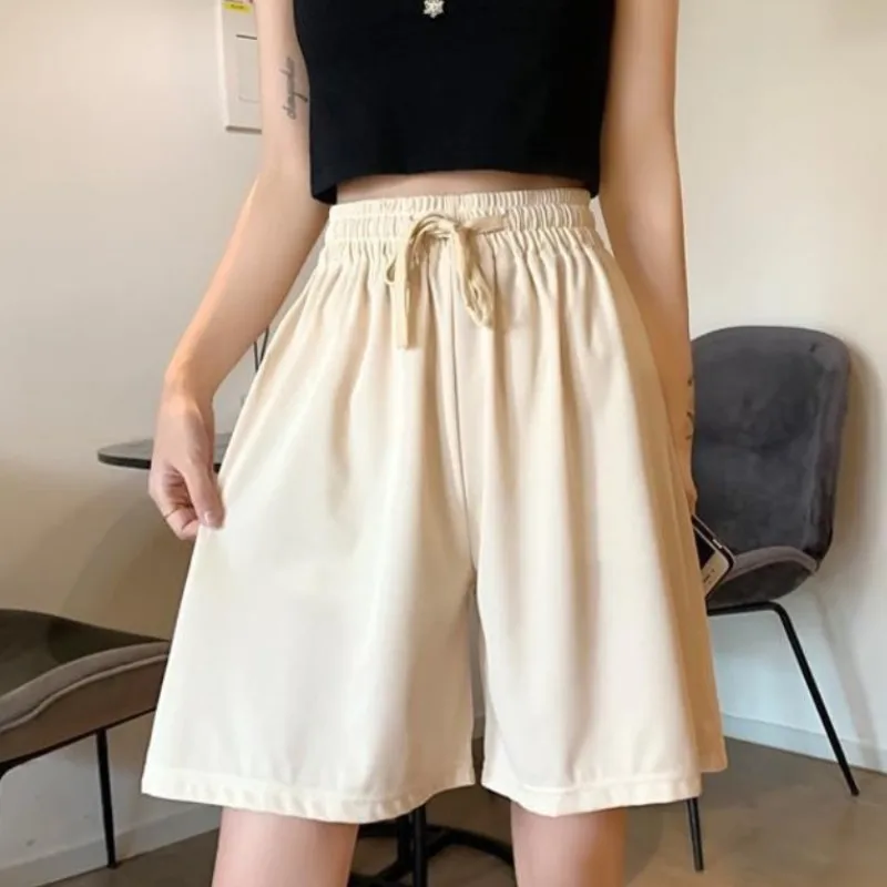 2024 Women Ice Silk Shorts Summer Casual Solid Shorts High Waist Loose Sports Shorts For Girls Soft Cool Female Wide Leg Pants