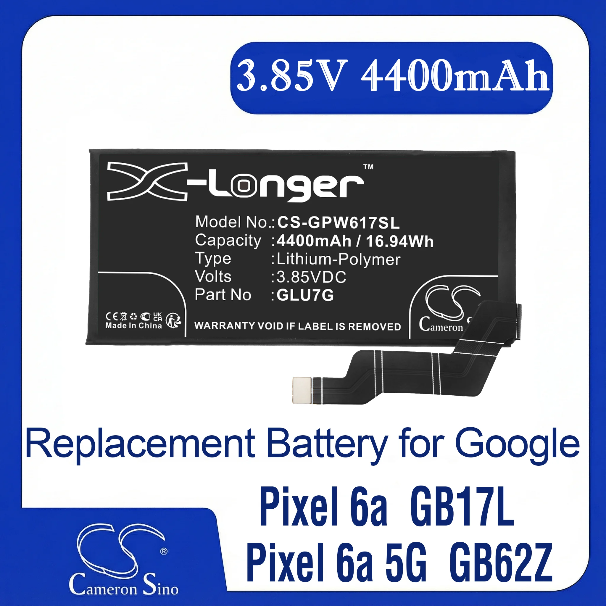

Cameron Sino Replacement Battery for Google G1AZG, GB17L, GB62Z, GX7AS, Pixel 6a, Pixel 6a 5G, Fits P/N GLU7G