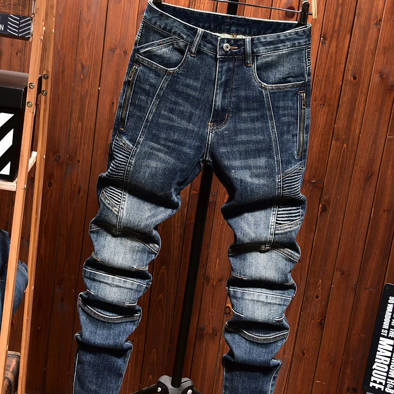 

New MEN'S jeans fashion splicing biker trendy elastic straight fit casual street wash versatile motorcycle blue jeans pants