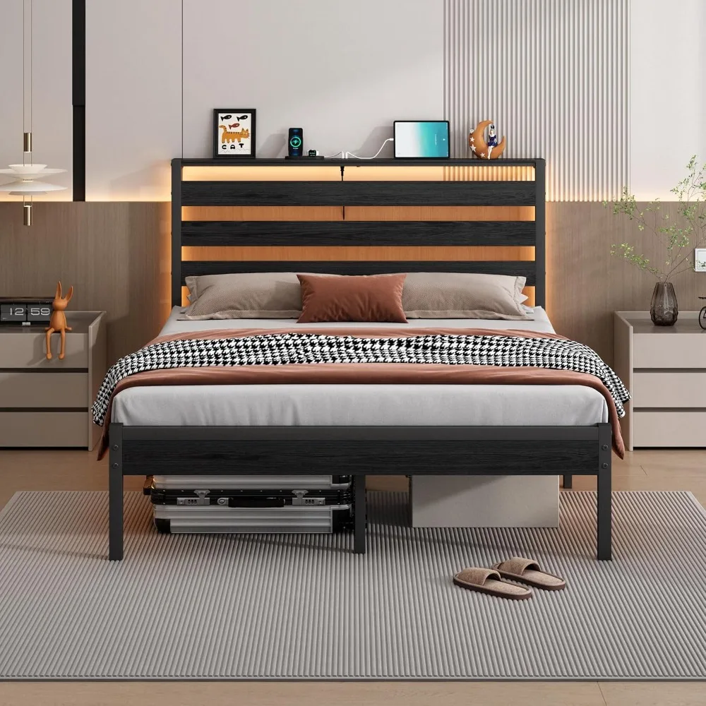 

14 inch classic metal platform bed frame full-size bed frame with headboard, steel bar supported LED bed frame, USB charging
