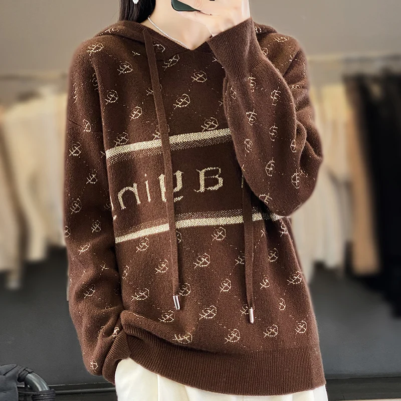 DjzDsm Women's 100% Pure Wool Hoodie Collar Fashion Versatile Knitted Long Sleeve Sweater Autumn/Winter New Collection Pullover