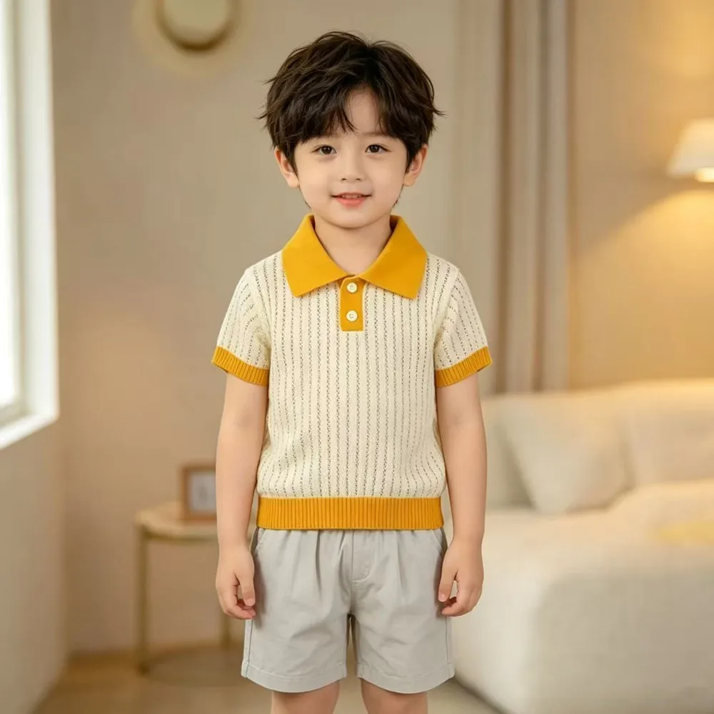 Children's Summer T-Shirt New Fashion Color Block Hollow Knit Breathable Polo Shirt Cool Boys Girls Tops Clothing