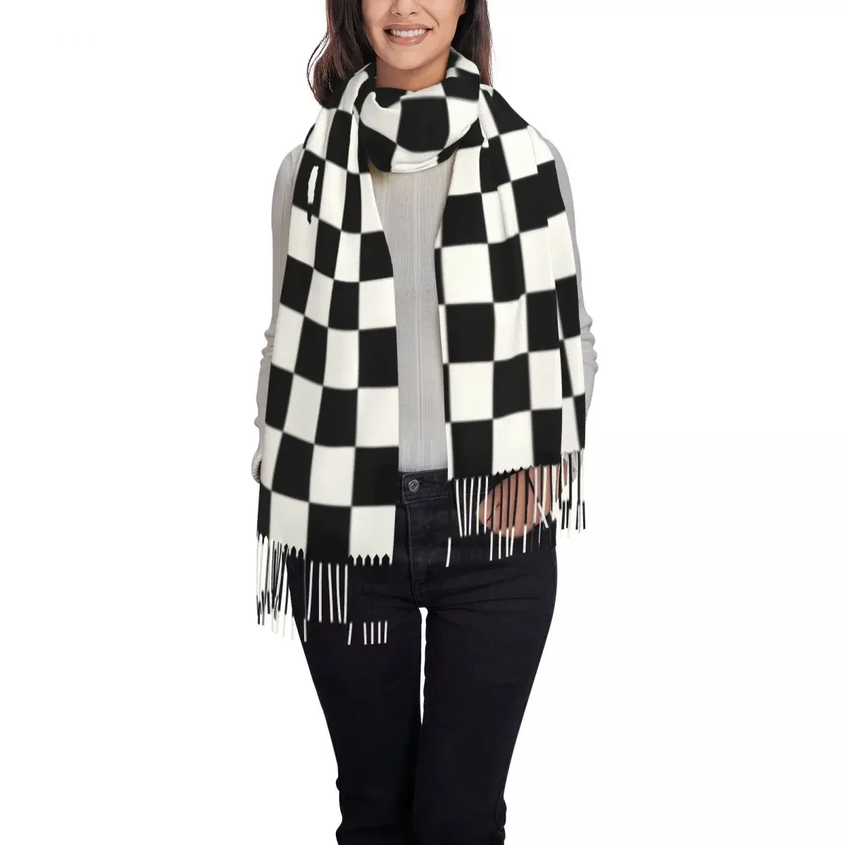 Classic Checkerboard Scarf Wrap for Women Long Winter Warm Tassel Shawl Unisex Chess Board Scarves